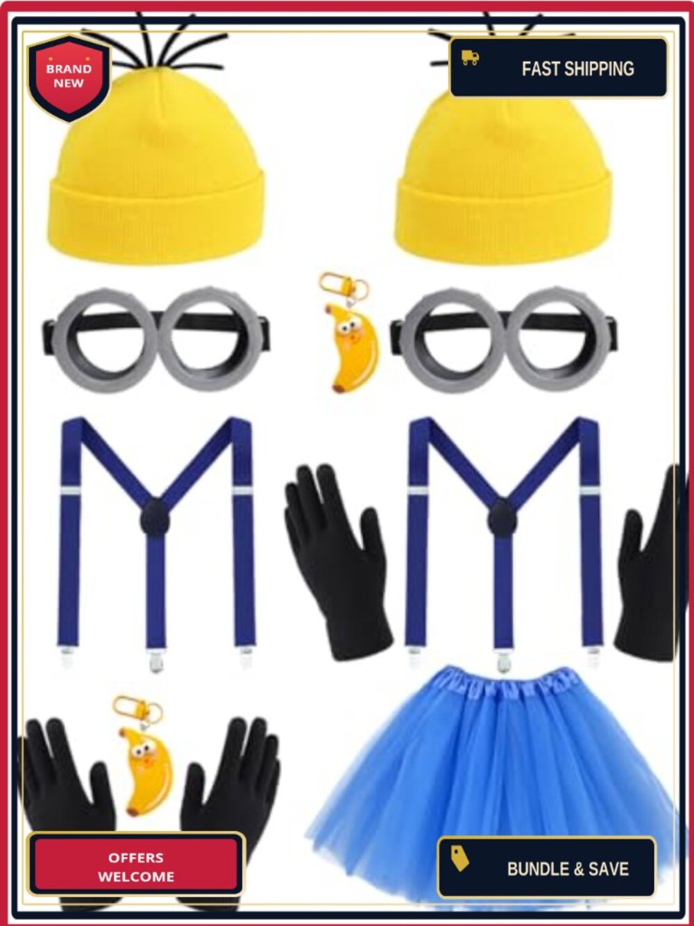 Adult Couples Halloween Costume Kit Beanie Goggles Gloves Suspenders Tutu